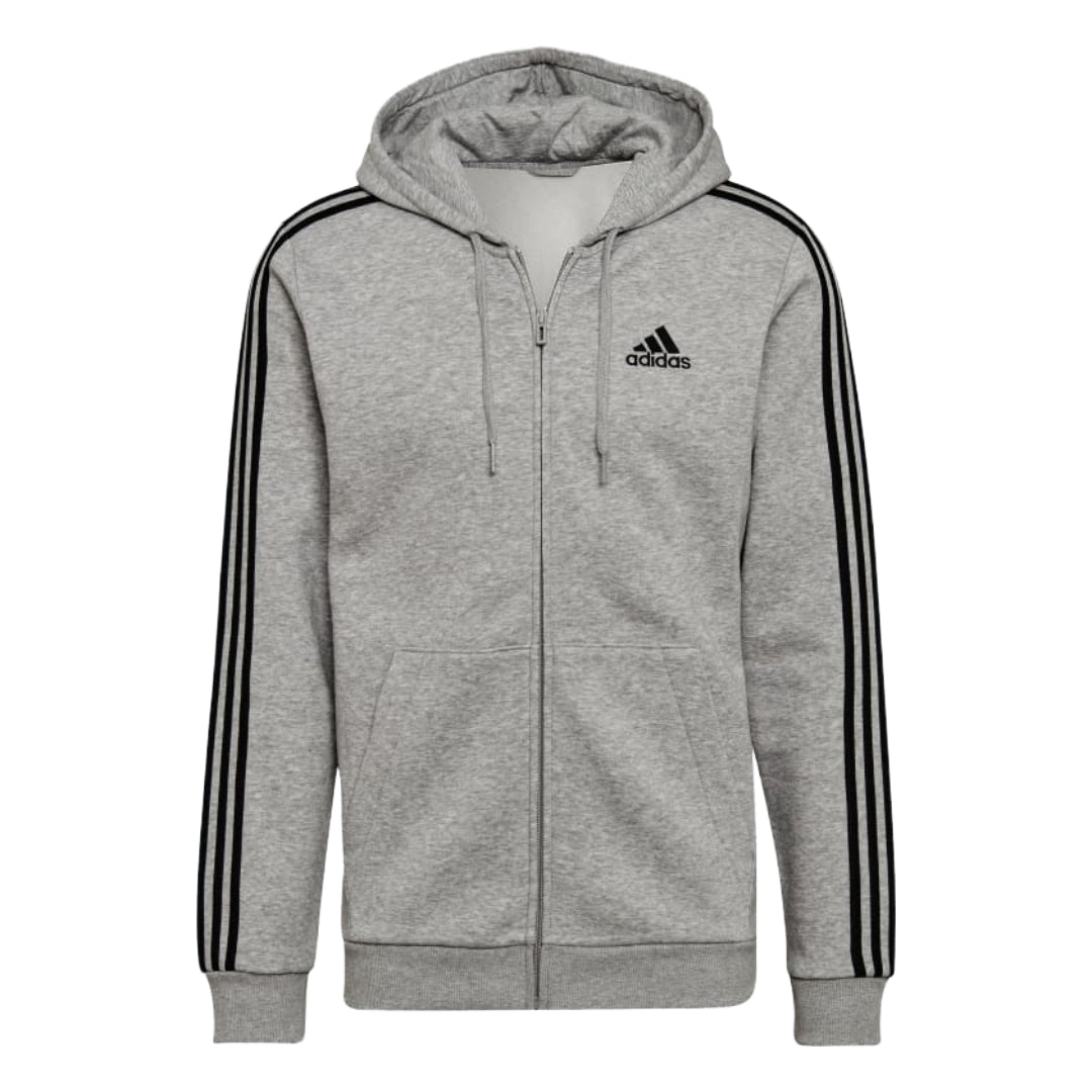 adidas Men's Standard Essentials 3-Stripes Fleece Full-Zip Hooded Track Top - Grey